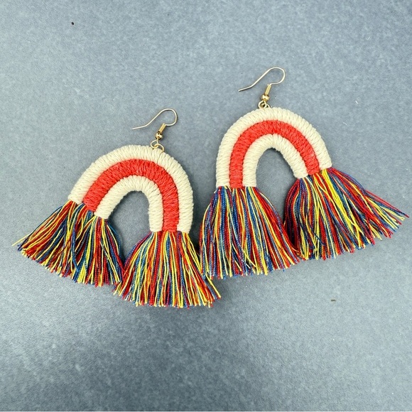 Colorful Macrame Rainbow Tassel Earrings Red Yellow Blue - Picture 1 of 12